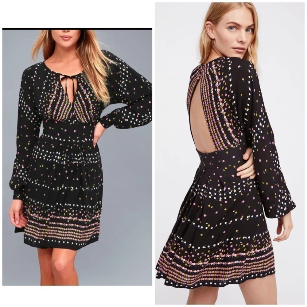 FREE PEOPLE BLACK PRINTED LONG SLEEVE CORYN MINI DRESS Sz 0.